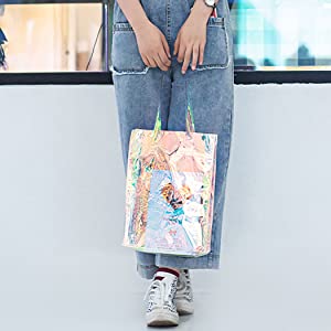 Laser Tote Bag, Holographic Rainbow Work Bag, Hologram, Mode Bag, Juwelen Bag, Stadion Buitenstrand 1